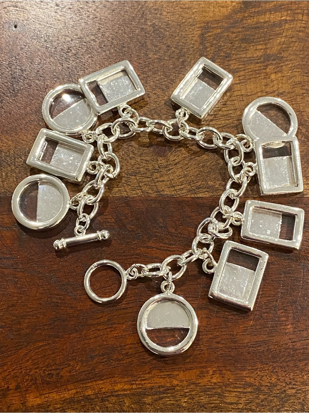 Vintage 925 Photo Charm Bracelet Sterling Silver 7” Memory Bracelet Toggle Clasp